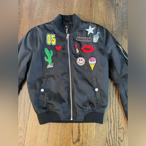 Design Lab Bomber Jacket Black Satin Patches Lips Lipstick Smiley Face Cactus - Picture 2 of 6